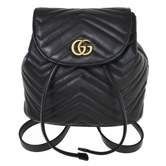 GUCCI GG Marmont Mini Chain Backpack Bag V Stitch Leather Black Gold - Picture 1 of 16